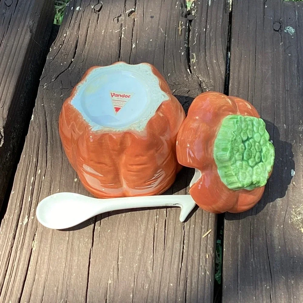 Vintage Ceramic Pumpkin Jar with Lid and Spoon Fall Harvest Kitchen Decor‎